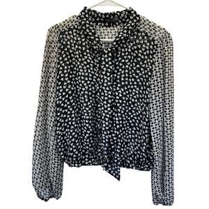 Love Culture Sheer Blouse Black White Hearts Button Front LS Elastic Waist L
